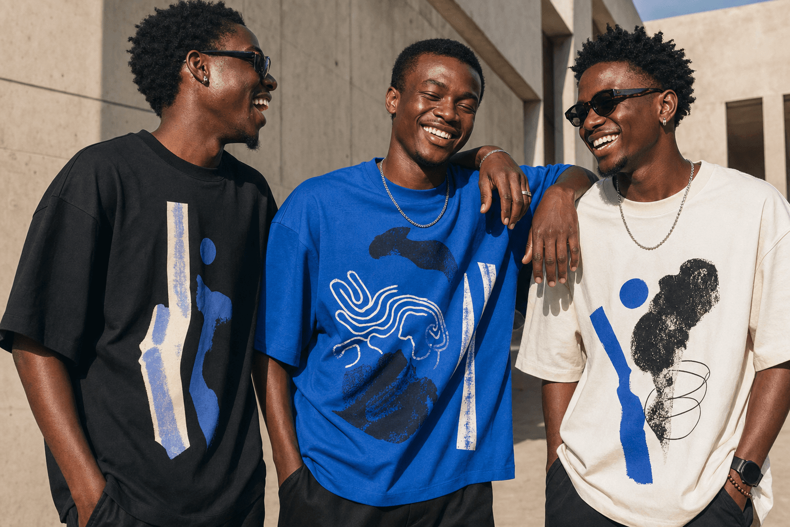 Three demo models in coordinated custom graphic T-shirts