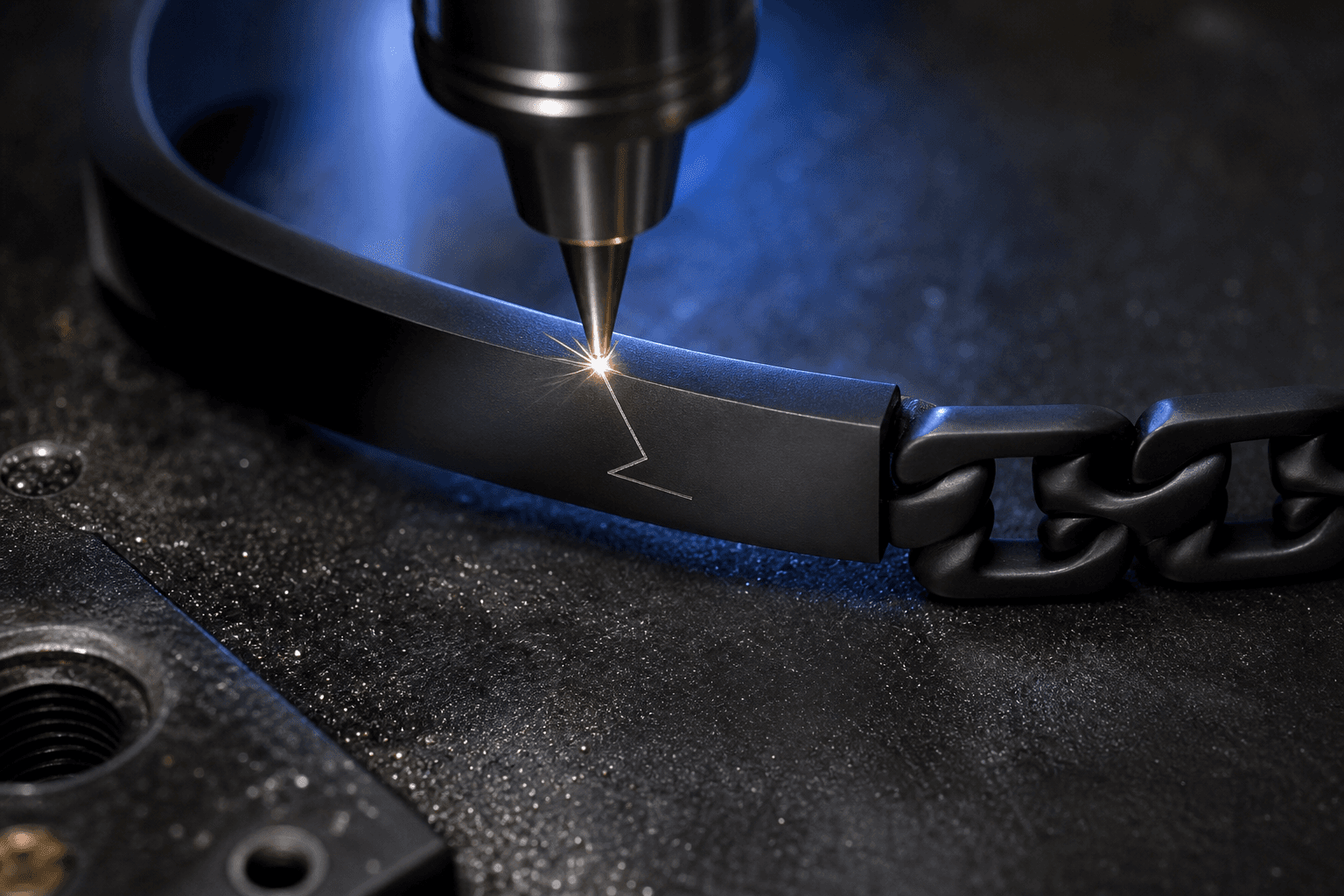 Macro demo of an engraving tool marking a black bracelet bar