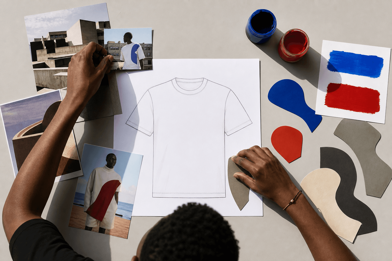 Demo view of custom shirt ideas and colour swatches being prepared