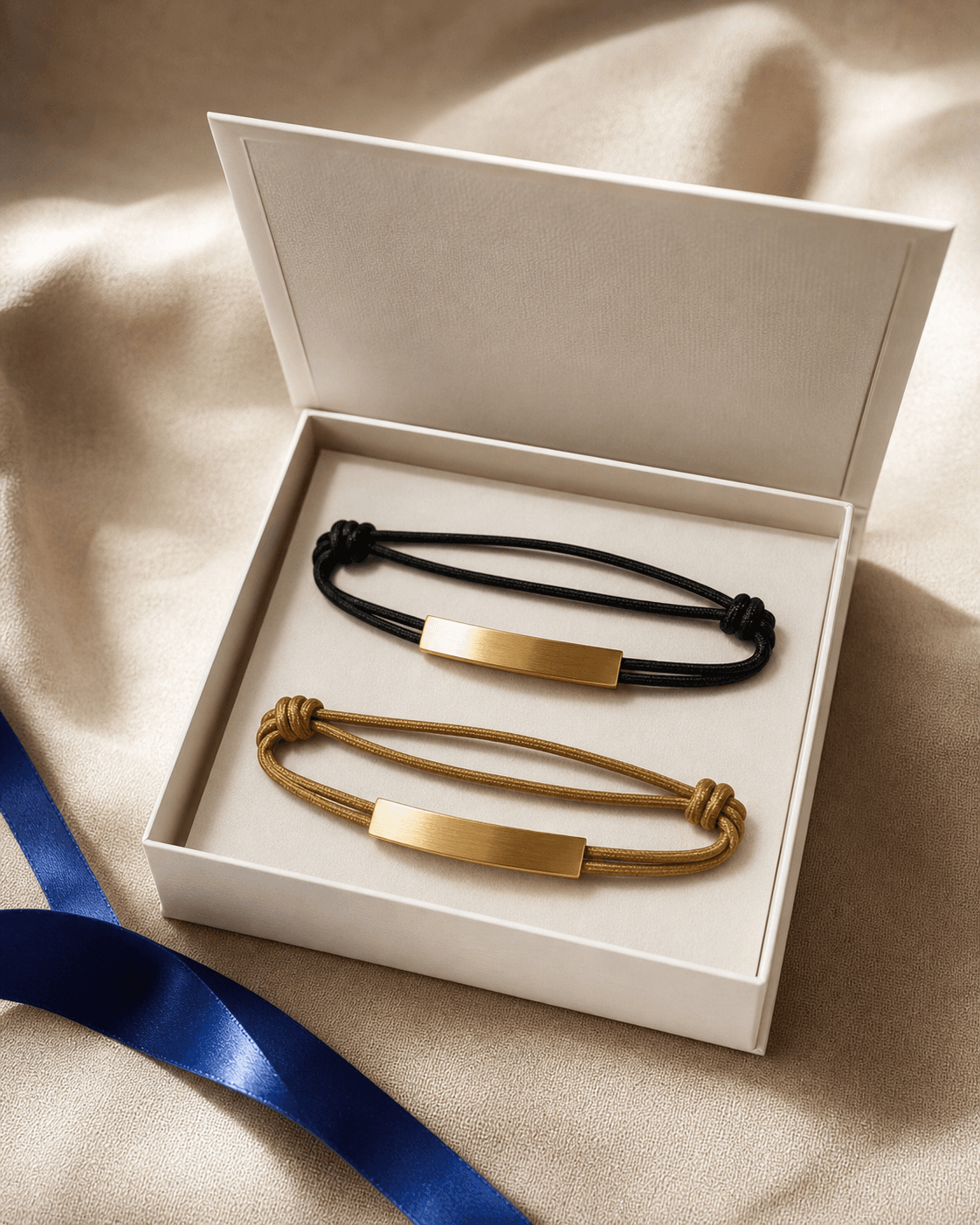 Two personalised bracelets in a simple gift box