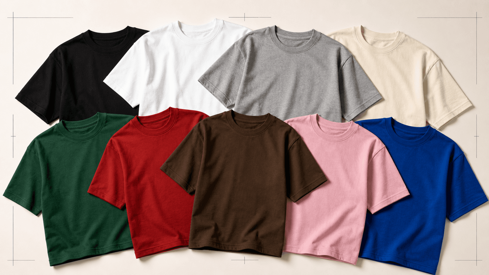 Nine blank T-shirt colour options arranged in an editorial flat lay