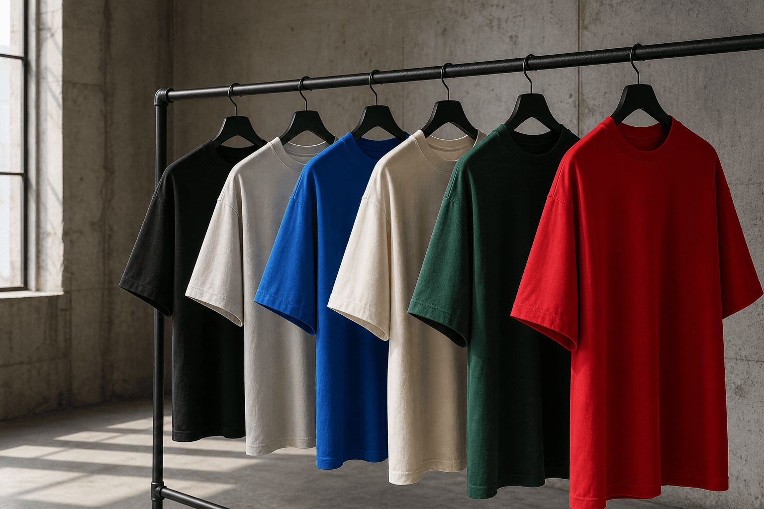 Heavyweight blank T-shirts on a studio rack in six colours